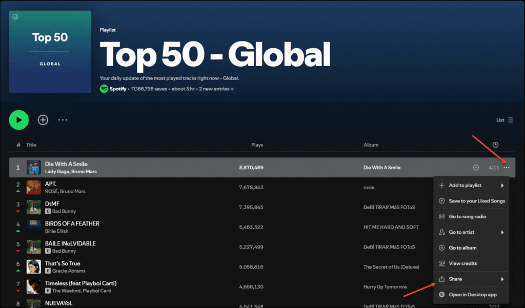 share track menu button